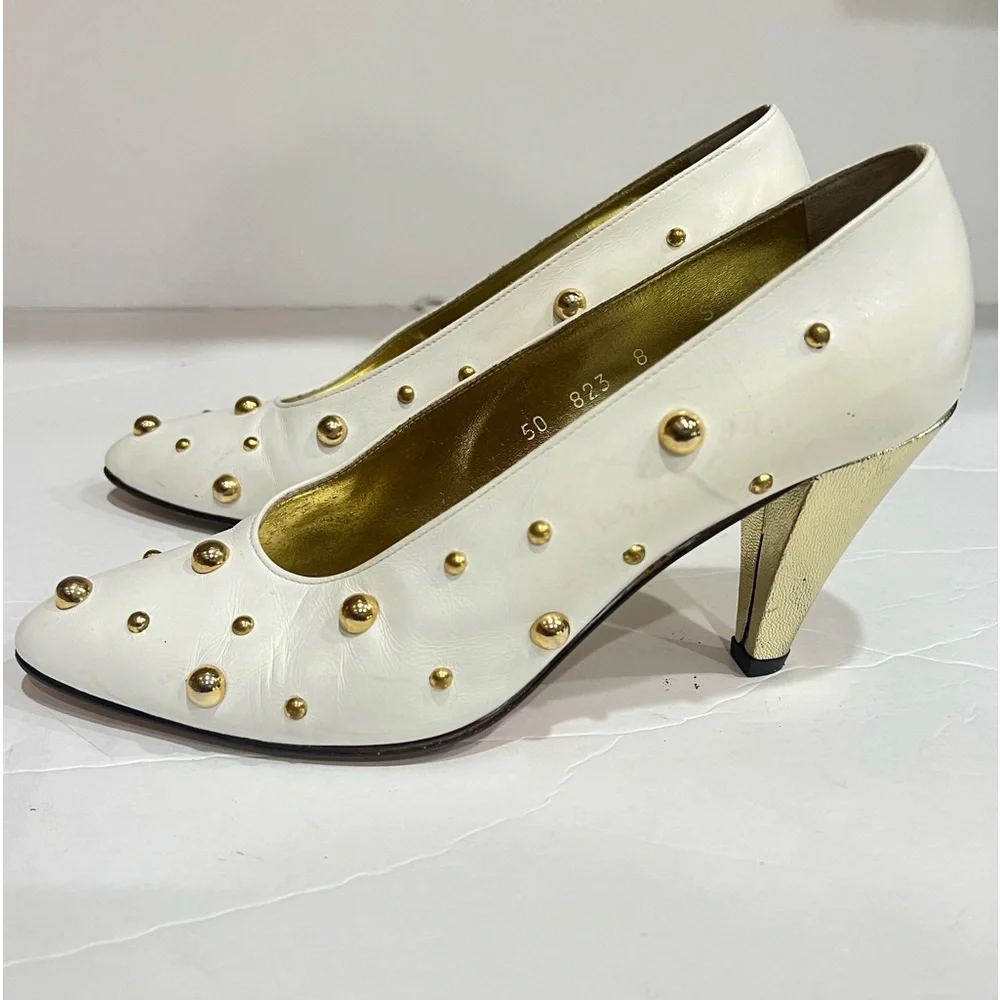 Vintage ESCADA White Leather Gold Studded Pumps 6 AA Narrow